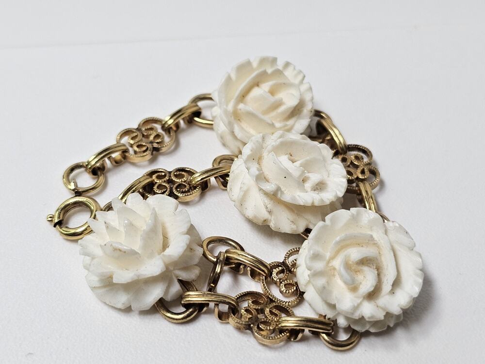 Vintage Gold Filled & Floral White Material Bracelet 8" Long